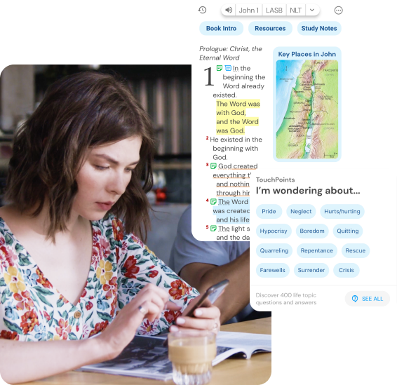 girl looking on phone with Life Bible content