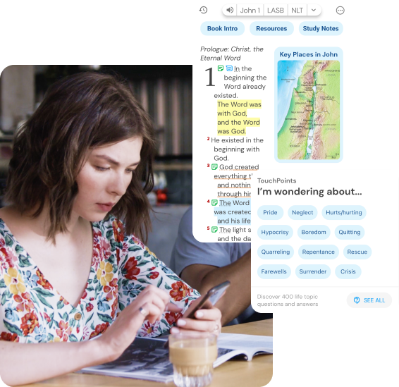 girl looking on phone with Life Bible content
